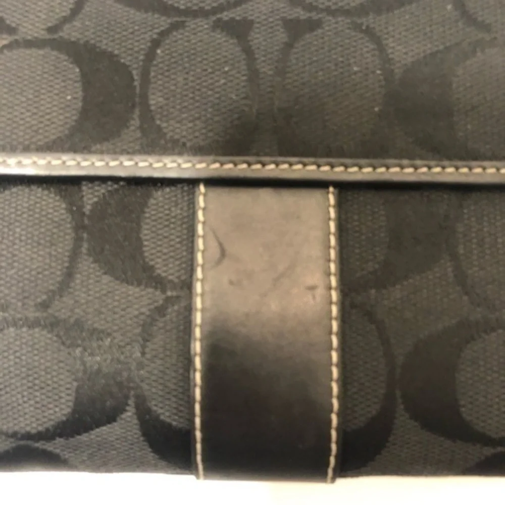 Coach black signature stripe compact wallet
